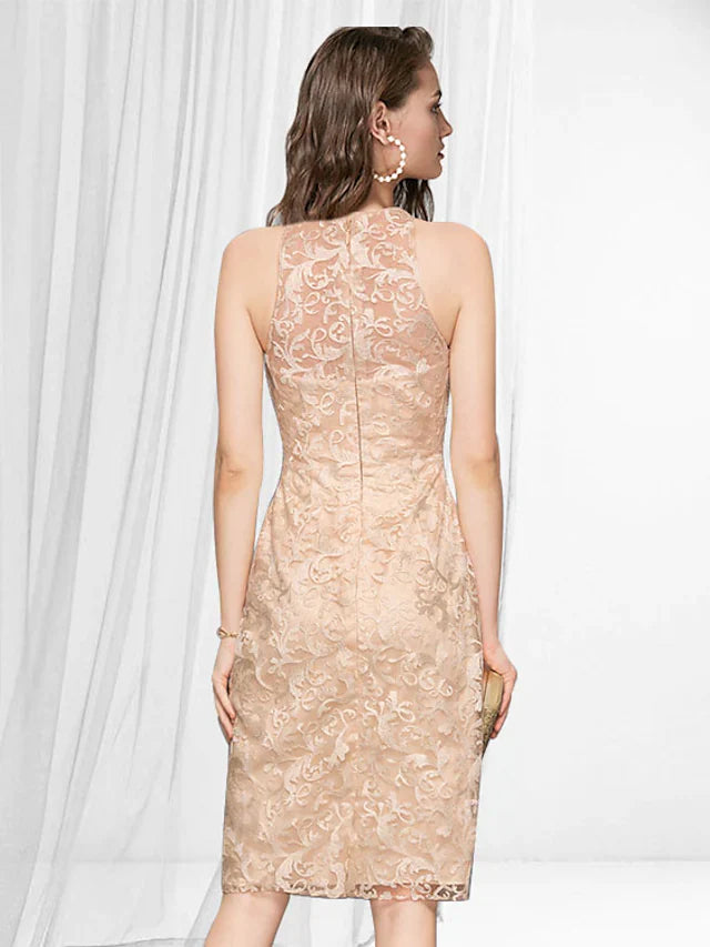 Elegant bodycon Homecoming Party Wear Dress Jewel Neck Sleeveless Knee Length Lace with Lace Insert Appliques