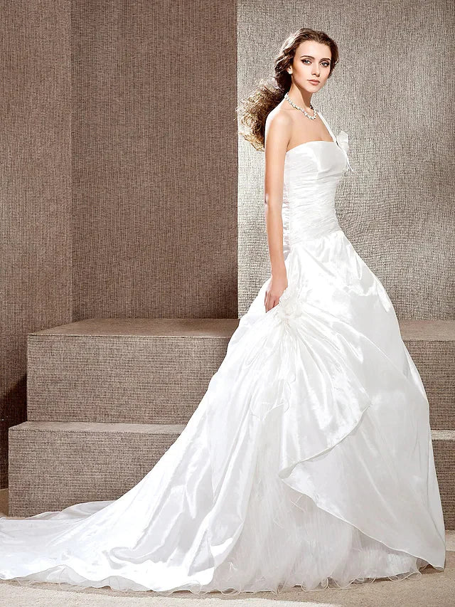 Princess A-Line Ball Gown Wedding Dresses One Shoulder Cathedral Train Taffeta Sleeveless Floor Length&nbsp;