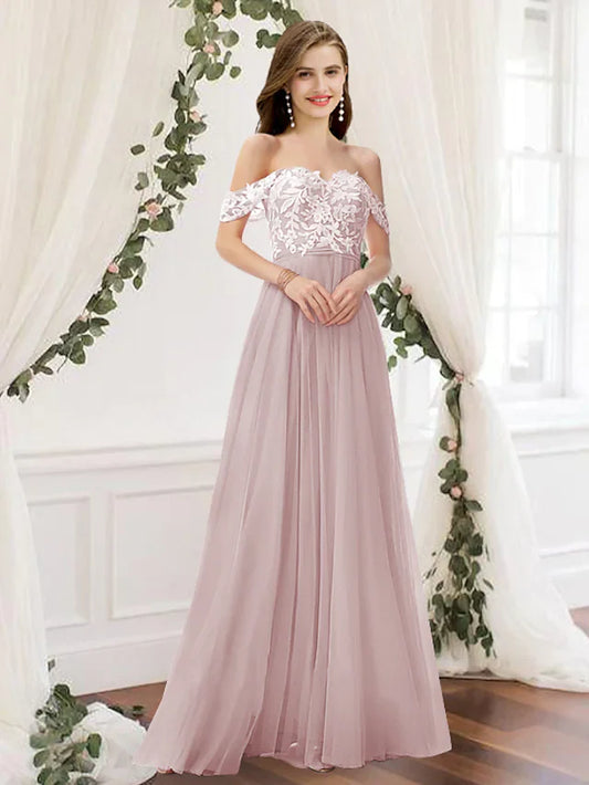 A-Line Off Shoulder Floor Length Chiffon Lace Bridesmaid Dress with Pleats Appliques