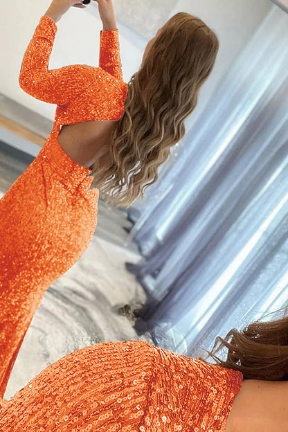 Sheath Mermaid Sequins Low V-Neck Long Sleeves Prom Dress