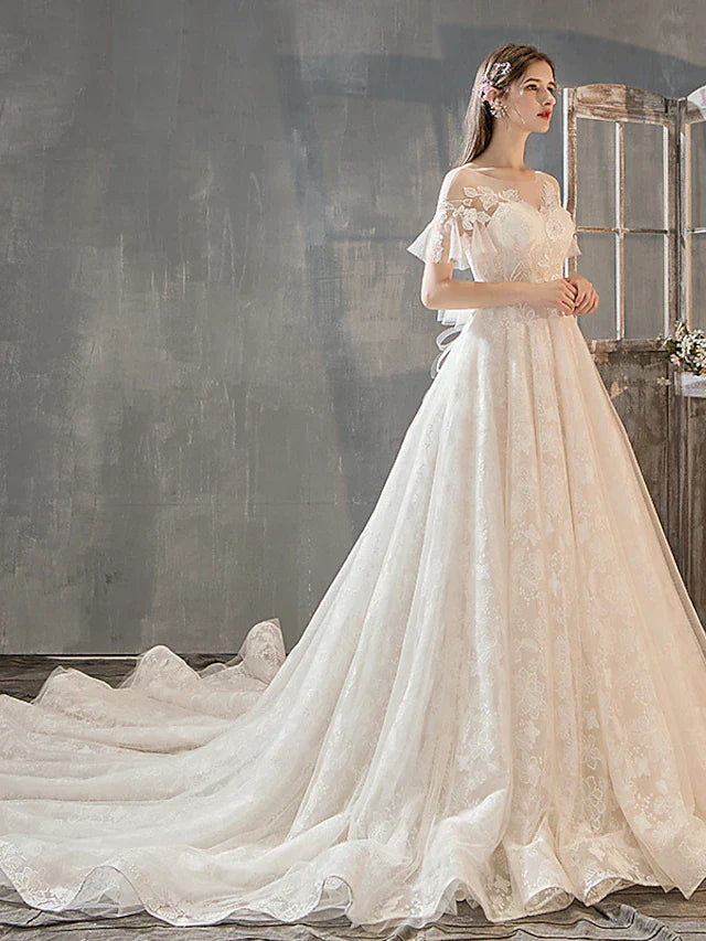 Princess A-Line Wedding Dresses Jewel Neck Court Train Lace Tulle Short Sleeve Romantic with Bow(s) Beading Appliques