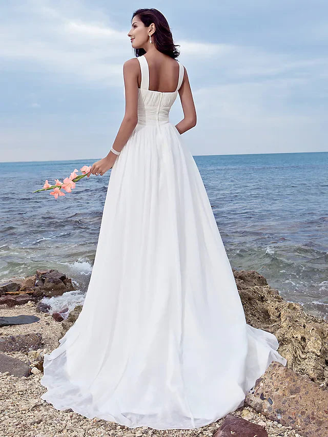 A-Line Wedding Dresses Jewel Neck Chiffon Regular Straps Formal Beach Plus Size with Ruched Draping