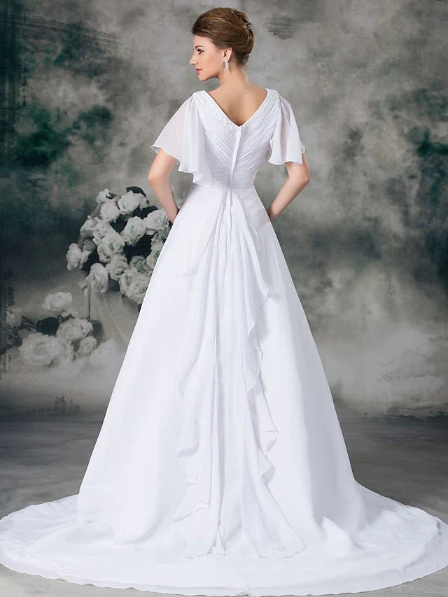 A-Line Wedding Dresses V Neck Chapel Train Chiffon Satin Short Sleeve with Ruched Beading