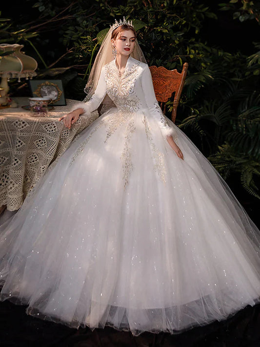 Princess Ball Gown Wedding Dresses V Neck Floor Length Lace Tulle Long Sleeve Romantic Sparkle & Shine Luxurious with Appliques