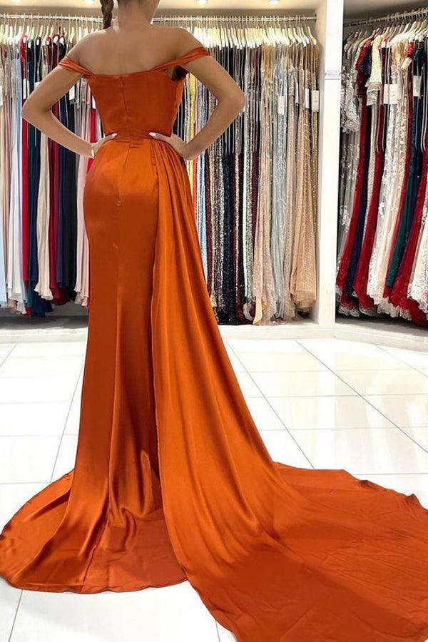 Mermaid Off The Shoulder Satin Sheath Prom Dress with Slit