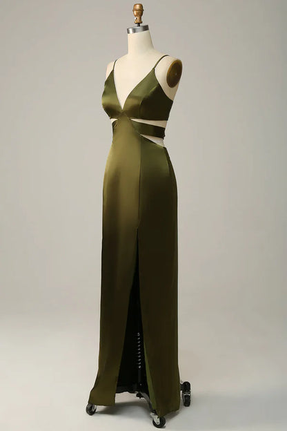 Thin shoulder strap cut olive long slit bridesmaid dress Sexy Evening Dress