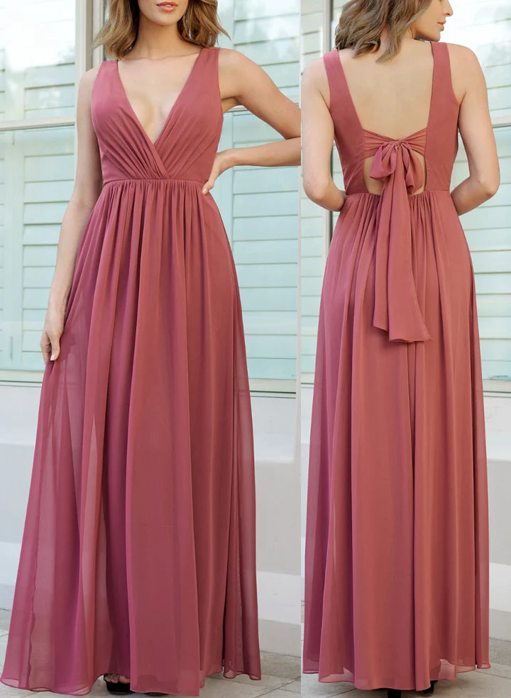 A-Line Low V-Neck Floor-Length Long Bridesmaid Dresses