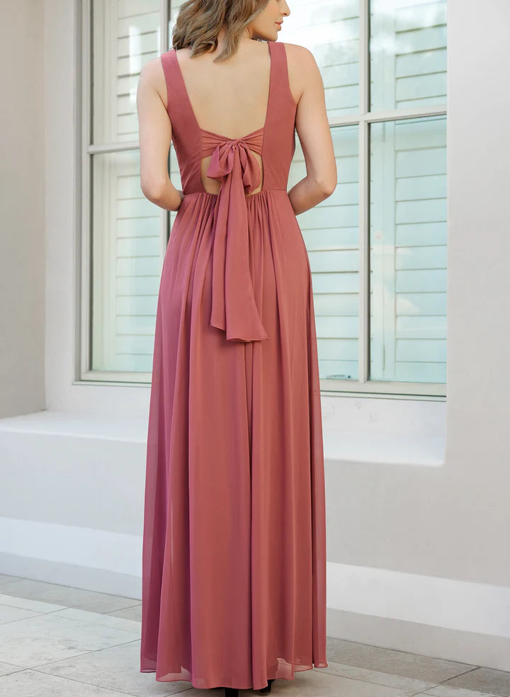 A-Line Low V-Neck Floor-Length Long Bridesmaid Dresses