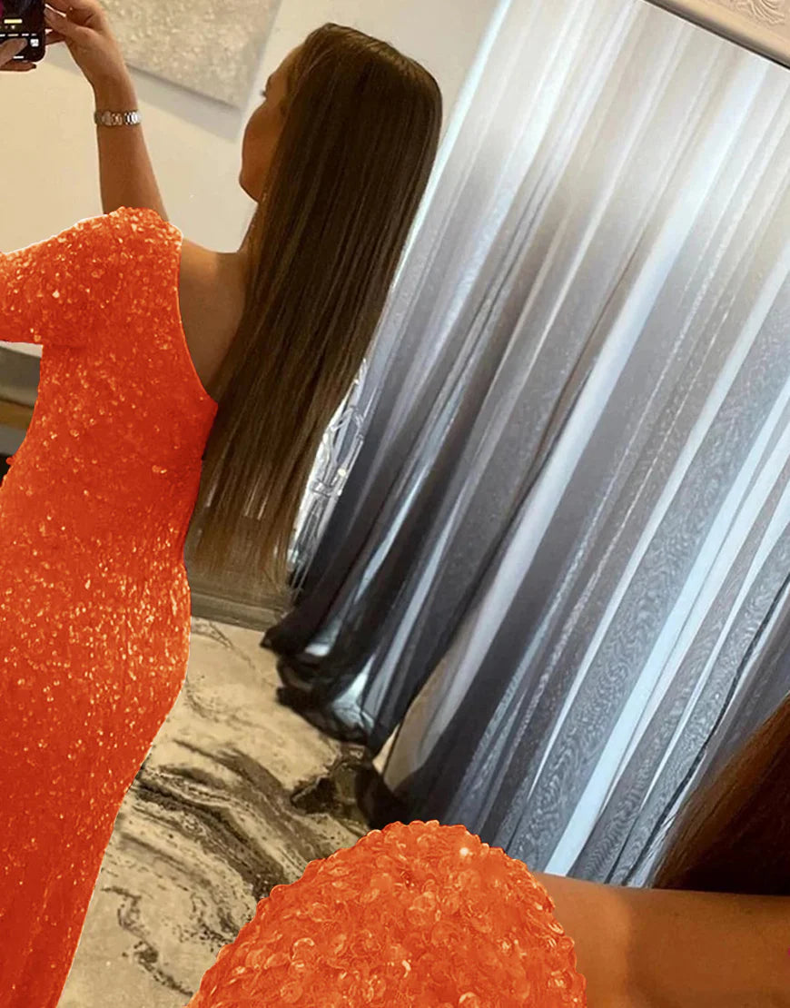 Sheath One Shoulder Sequins Prom Dress With Slit