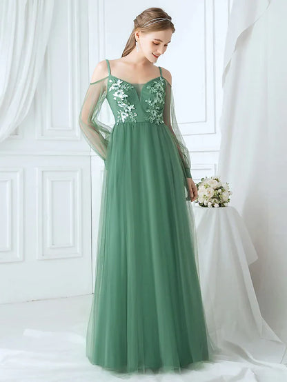 A-Line Spaghetti Strap Tulle Bridesmaid Dress with Appliques