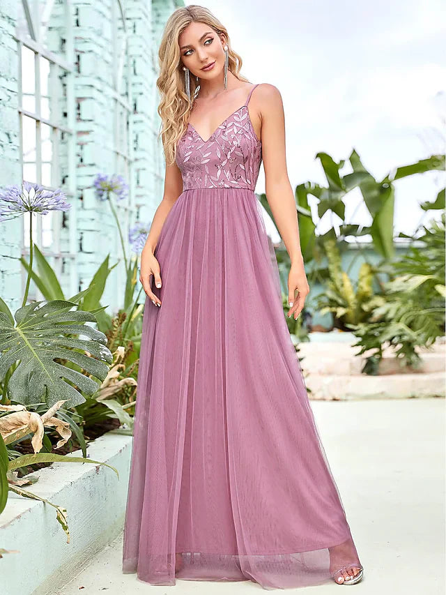 A-Line Spaghetti Strap Floor Length Tulle Sequined Bridesmaid Dress with Tier