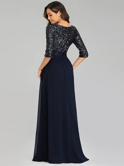 A-Line Elegant Wedding Guest Formal Evening Dress Jewel Neck 3/4 Length Sleeve Floor Length Tulle Sequined with Sequin