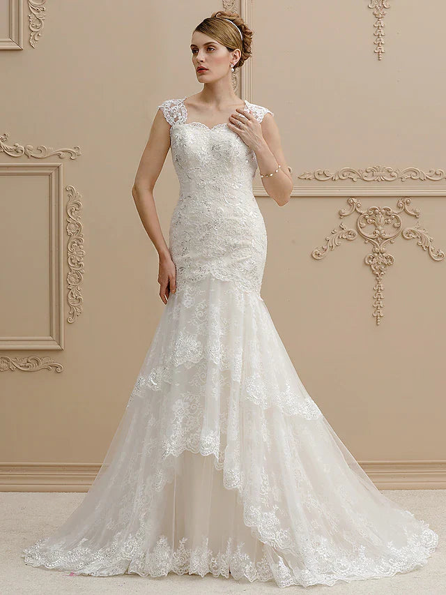 Wedding Dresses Square Neck Court Train Lace Over Tulle Regular Straps Wedding Dress in Color Floral Lace See-Through with Buttons Sequin Appliques