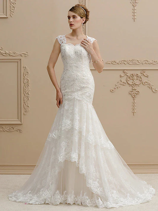 Wedding Dresses Square Neck Court Train Lace Over Tulle Regular Straps Wedding Dress in Color Floral Lace See-Through with Buttons Sequin Appliques