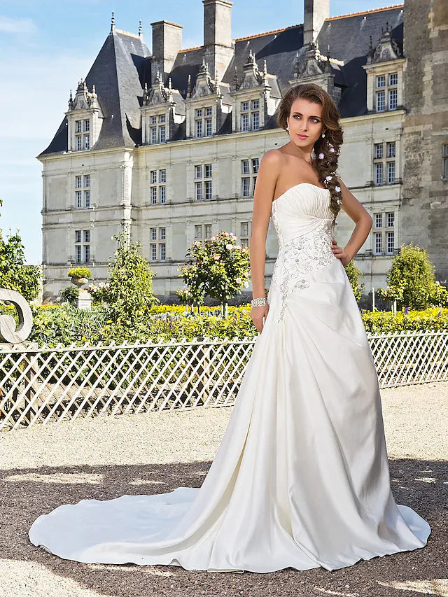 Princess A-Line Floor Length Wedding Dresses Strapless Chapel Train Satin Sleeveless With Embroidery