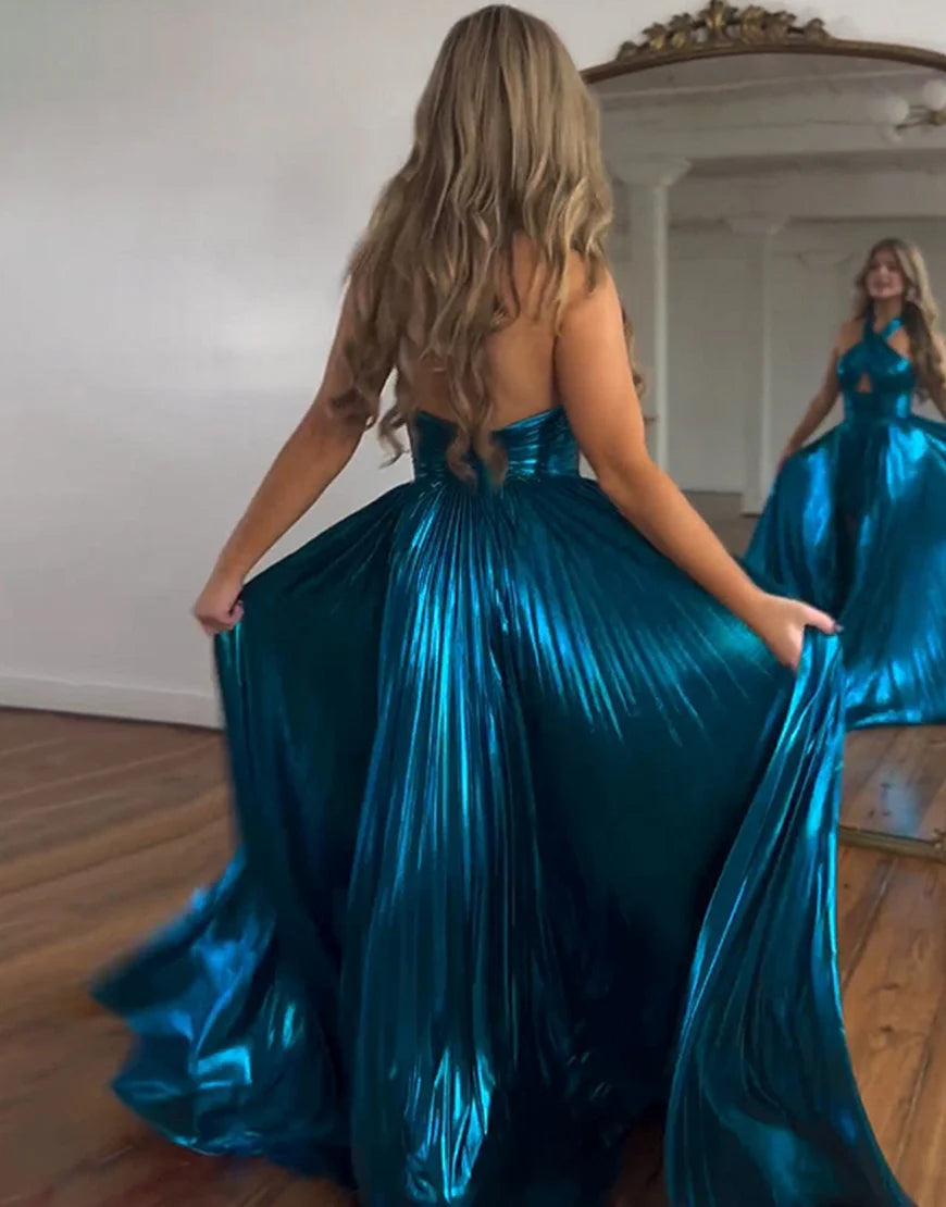 A-Line Criss Cross Halter Neck Long Prom Dress With Slit