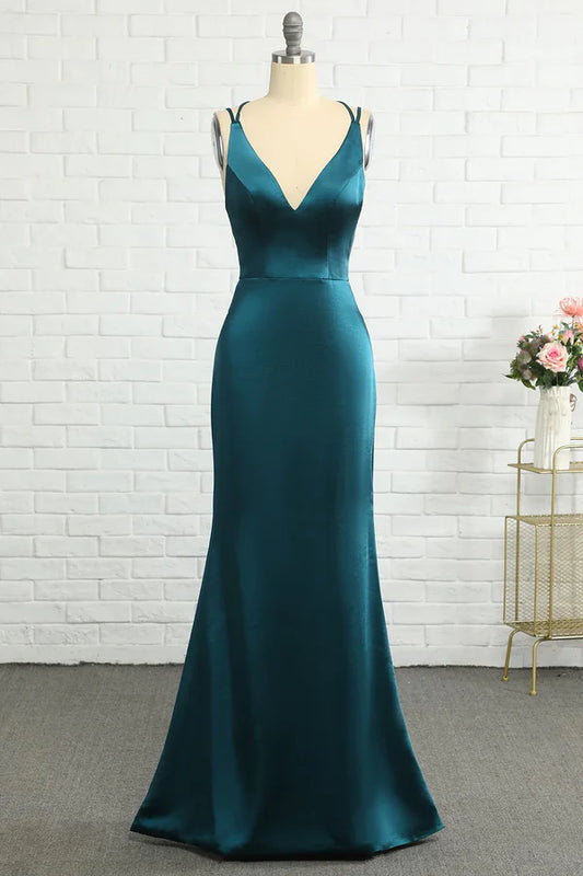 Peacock Blue Fish Tail Open Back Long Bridesmaid Dress Floor Length