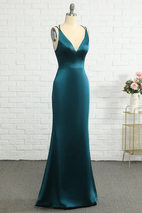 Peacock Blue Fish Tail Open Back Long Bridesmaid Dress Floor Length