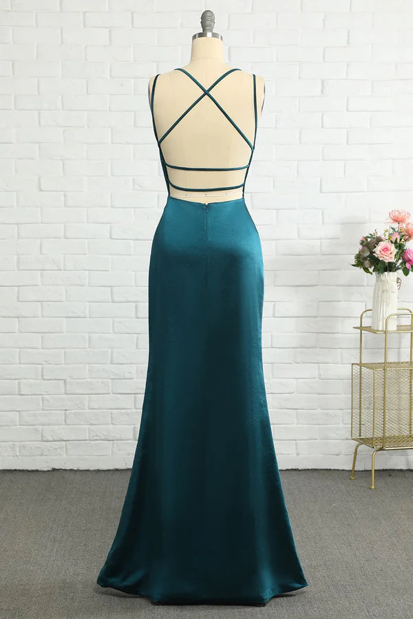 Peacock Blue Fish Tail Open Back Long Bridesmaid Dress Floor Length