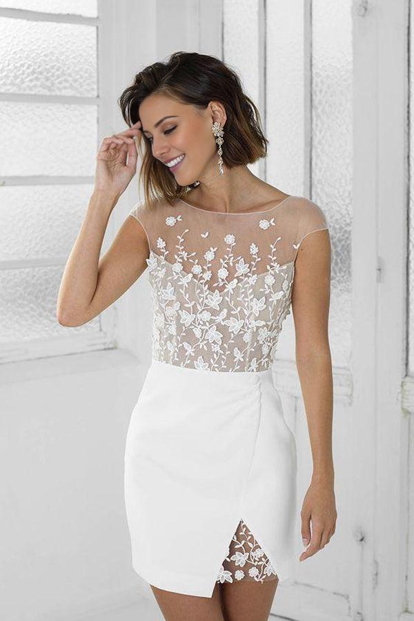 A-Line Party Dresses Sleeveless Jewel Neck Lace Backless Homecoming Dress with Appliques