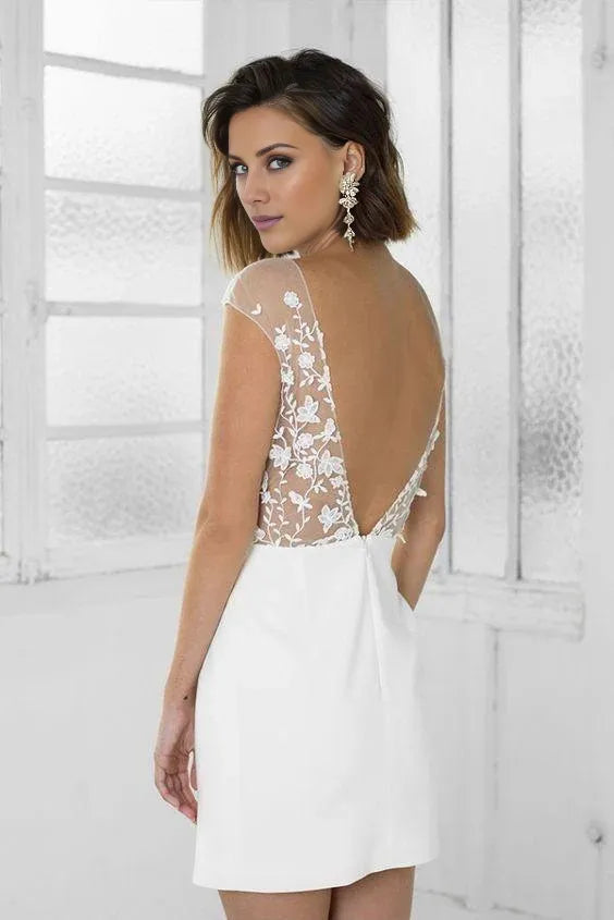 A-Line Party Dresses Sleeveless Jewel Neck Lace Backless Homecoming Dress with Appliques