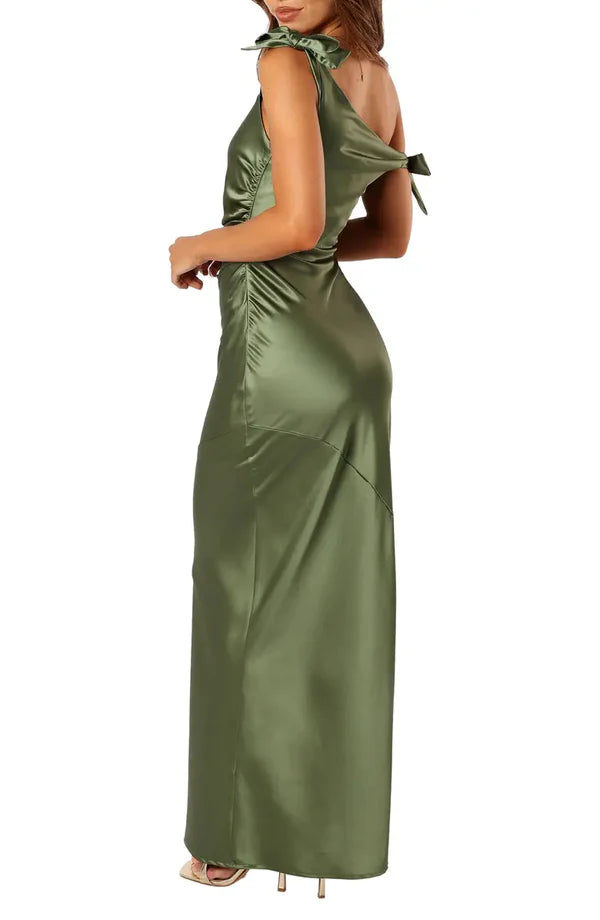 A noble one shoulder off the shoulder satin bow long evening dress Solid Color
