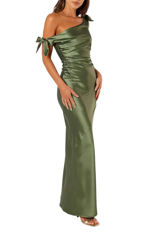 A noble one shoulder off the shoulder satin bow long evening dress Solid Color