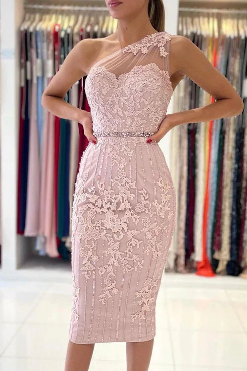 Sheath  Pink One Shoulder bodycon Homecoming Dress With Belt