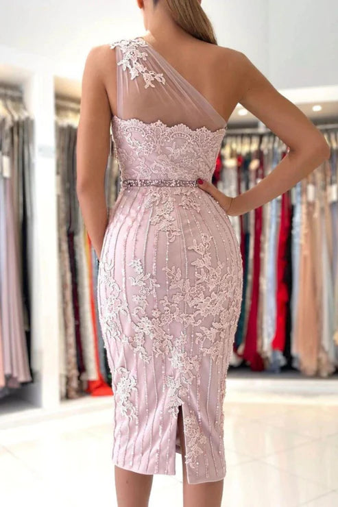 Sheath Pink One Shoulder bodycon Homecoming Dress With Belt Charming Party Dress