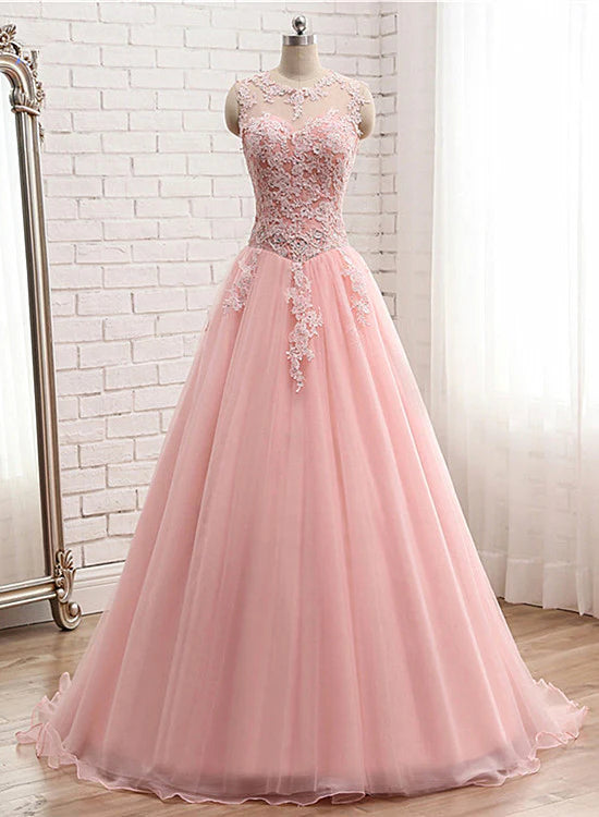 A-Line Evening Gown Quinceanera Floor Length Lovely Open Back Pink Formal Dress With Lace Appliques