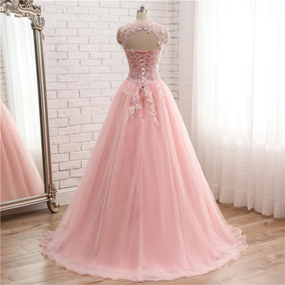 A-Line Evening Gown Quinceanera Floor Length Lovely Open Back Pink Formal Dress With Lace Appliques