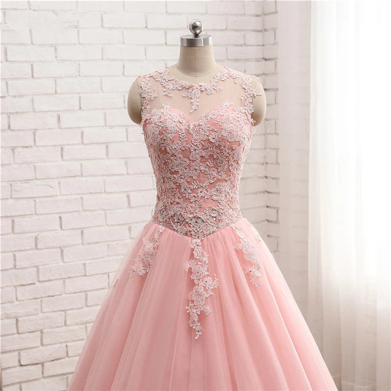 A-Line Evening Gown Quinceanera Floor Length Lovely Open Back Pink Formal Dress With Lace Appliques