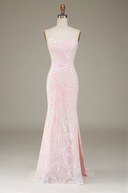 Mermaid Sparkly Pink Prom Dress with Slit Floor Length Beautiful