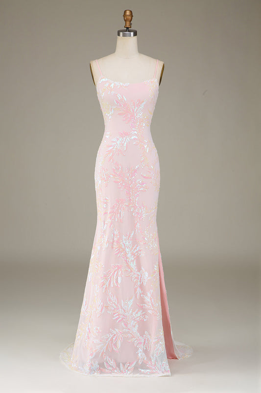 Mermaid Sparkly Pink Prom Dress with Slit Floor Length Beautiful