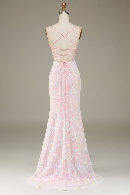Mermaid Sparkly Pink Prom Dress with Slit Floor Length Beautiful