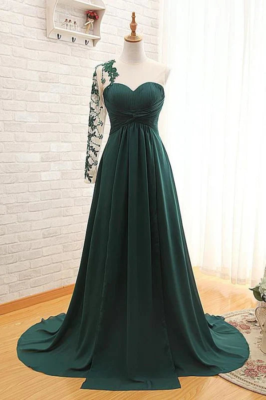 A Line One Shoulder Long Sleeve Prom Dress Dark Green Floor Length Evening Dress