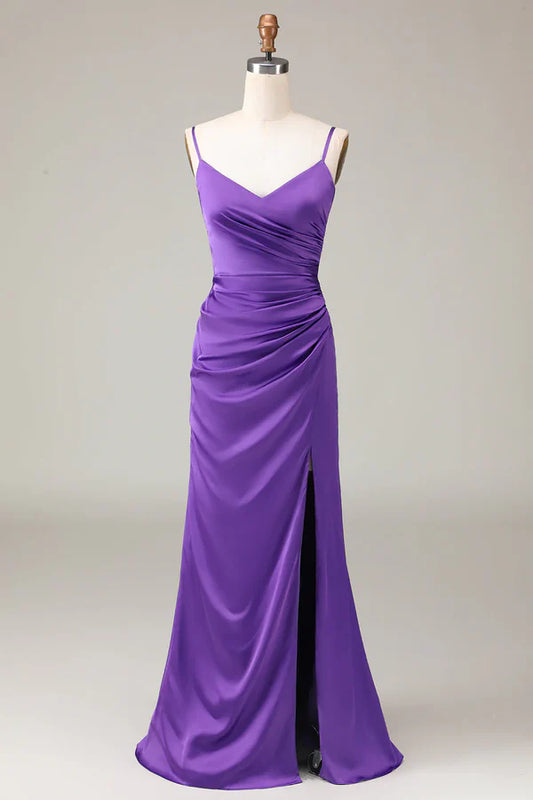 Purple thin shoulder strap V-neck tight slit satin bridesmaid dress Floor Length