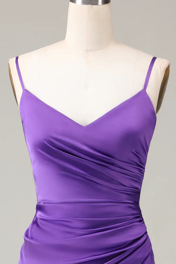 Purple thin shoulder strap V-neck tight slit satin bridesmaid dress Floor Length