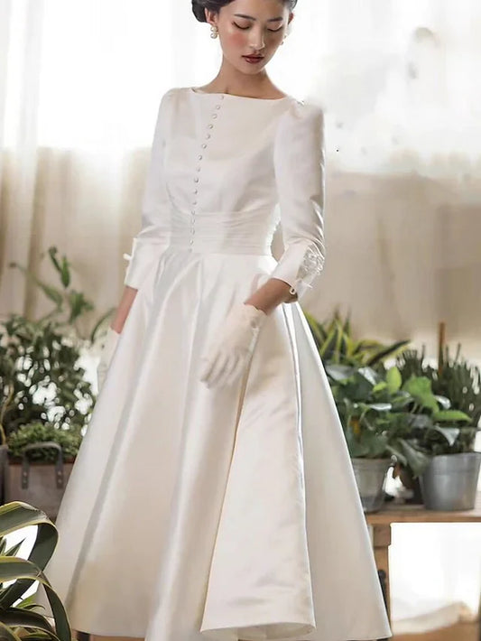 A-Line Wedding Dresses Jewel Neck Tea Length Satin Half Sleeve Simple Vintage Little White Dress with Buttons Pleats