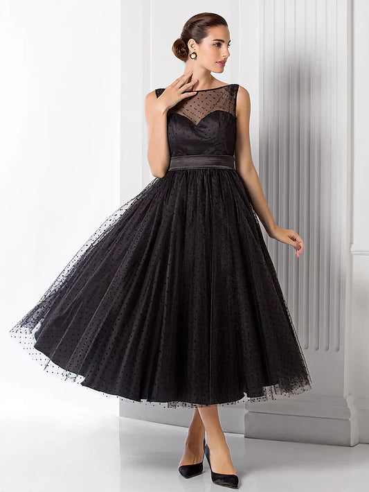 A-Line Vintage Wedding Guest Black Cocktail Party Dress Illusion Neck Sleeveless Tea Length Tulle with Pattern Print