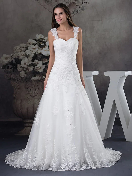 A-Line Wedding Dresses Sweetheart Neckline Chapel Train Lace Tulle Spaghetti Strap with Beading Appliques