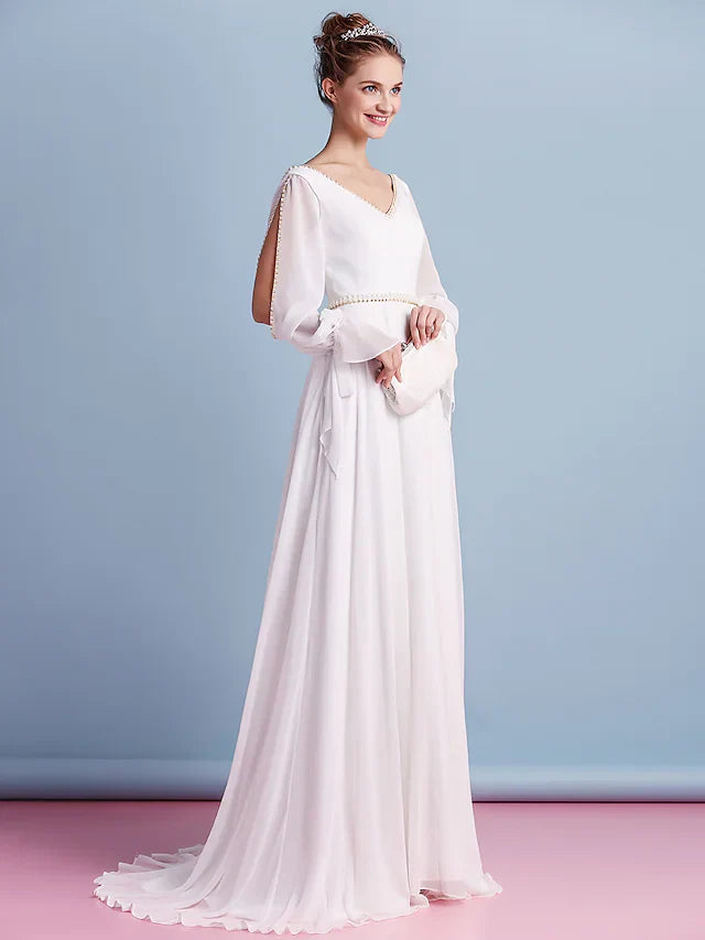 Wedding Dresses V Neck Court Train Chiffon Long Sleeve with Beading