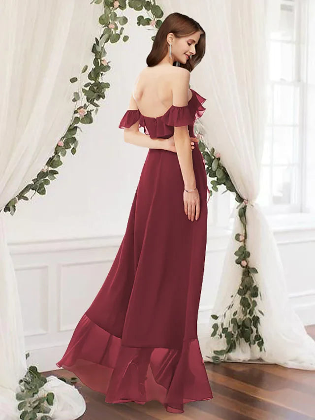 A-Line Off Shoulder Floor Length Chiffon Bridesmaid Dress with Pleats Ruffles Split Front