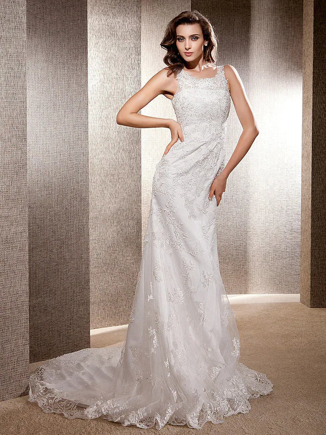 A-line Wedding Dresses Scoop Neck Lace Tulle Sleeveless Elegant & Luxurious with Appliques