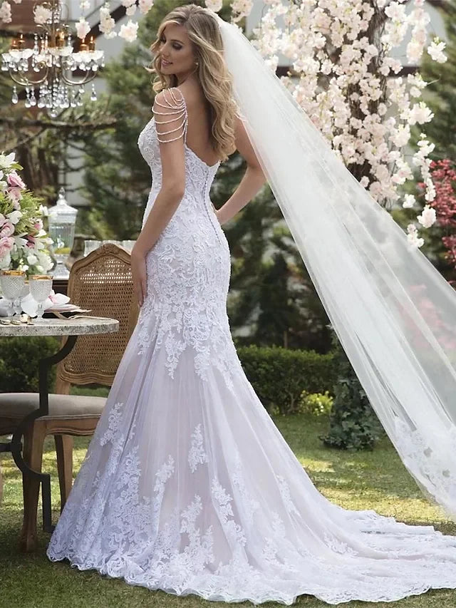 Wedding Dresses V Neck Court Train Lace Tulle Lace Over Satin Spaghetti Strap Beautiful Backless with Appliques