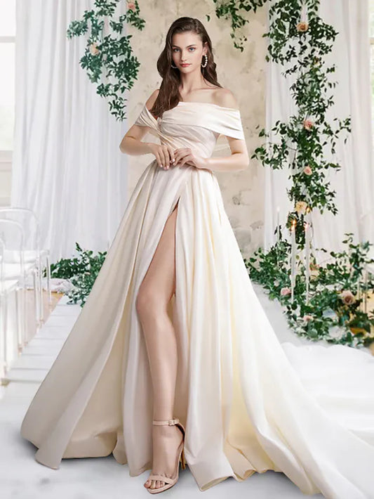 A-Line Wedding Dresses Off Shoulder Court Train Taffeta Sleeveless Simple Luxurious with Pleats Ruched Split Front