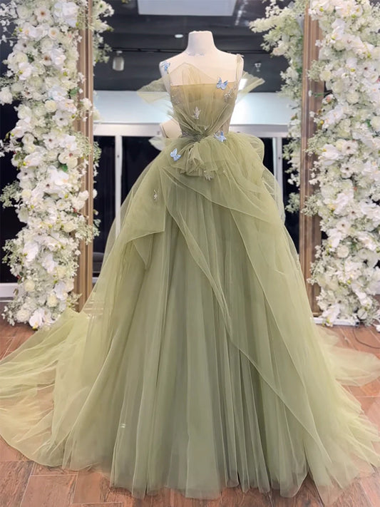 Quinceanera Dresses Princess Cute Prom Dress Tulle A-Line Tulle Green Long Prom Dress Green Tulle Long Sweet 16 Dress