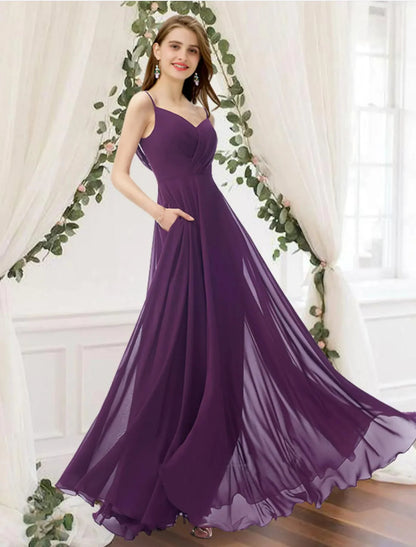 A-Line Bridesmaid Dress V Neck Sleeveless Elegant Floor Length Chiffon with Pleats