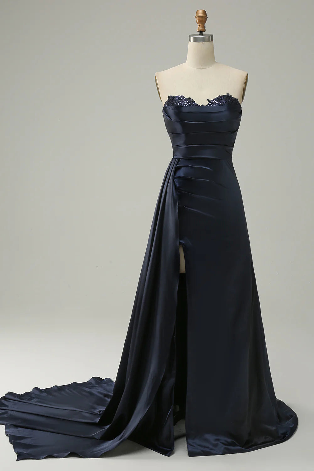 A Line Strapless Sweetheart Navy Long Prom Dress with Split