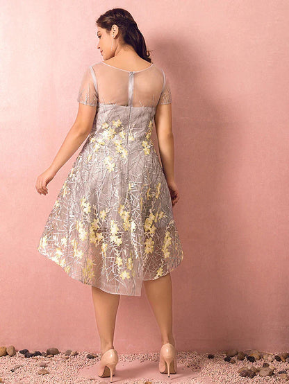 A-Line Plus Size Homecoming Cocktail Party Dress Illusion Neck Short Sleeve Asymmetrical Knee Length Lace Satin Tulle with Appliques